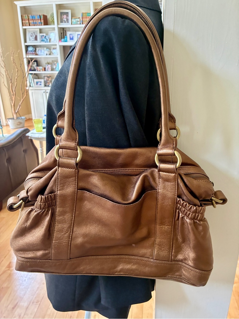 Perlina Bronze Leather Satchel with Gold-Tone Hardware & Removable Strap